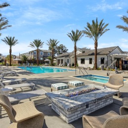 haven menifee pool area with fire pit