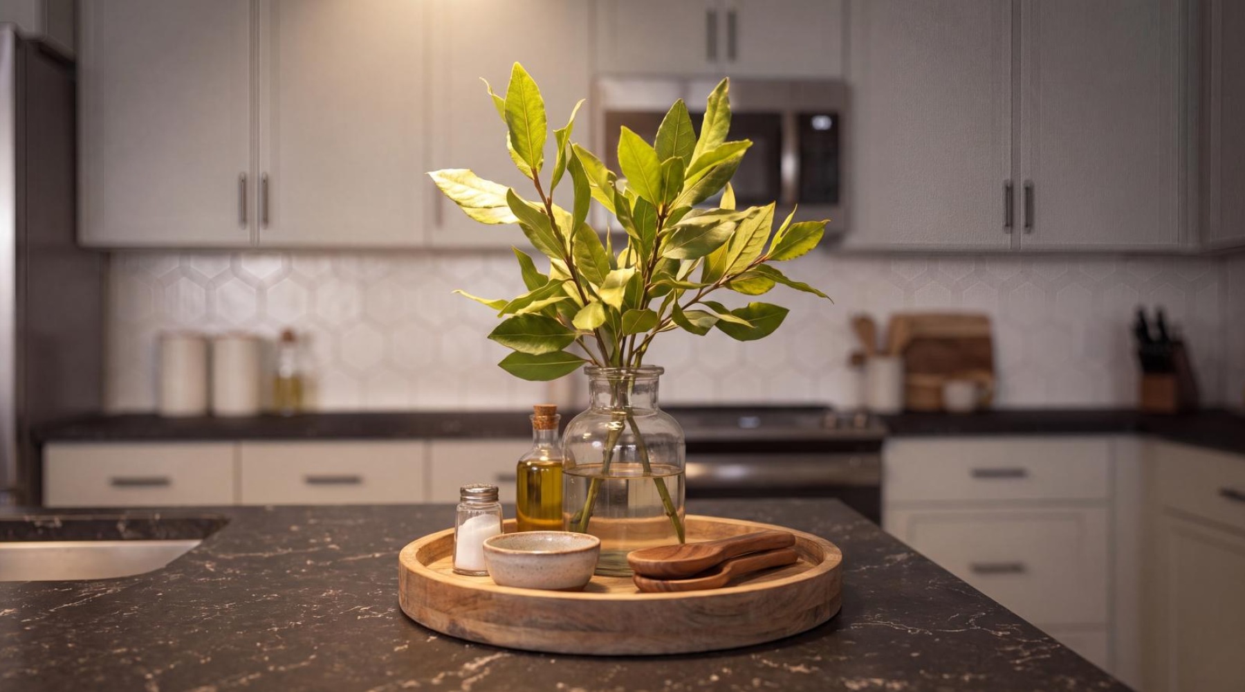 a vase with flowers on a kitchen counter