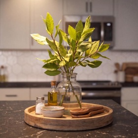 a vase with flowers on a kitchen counter