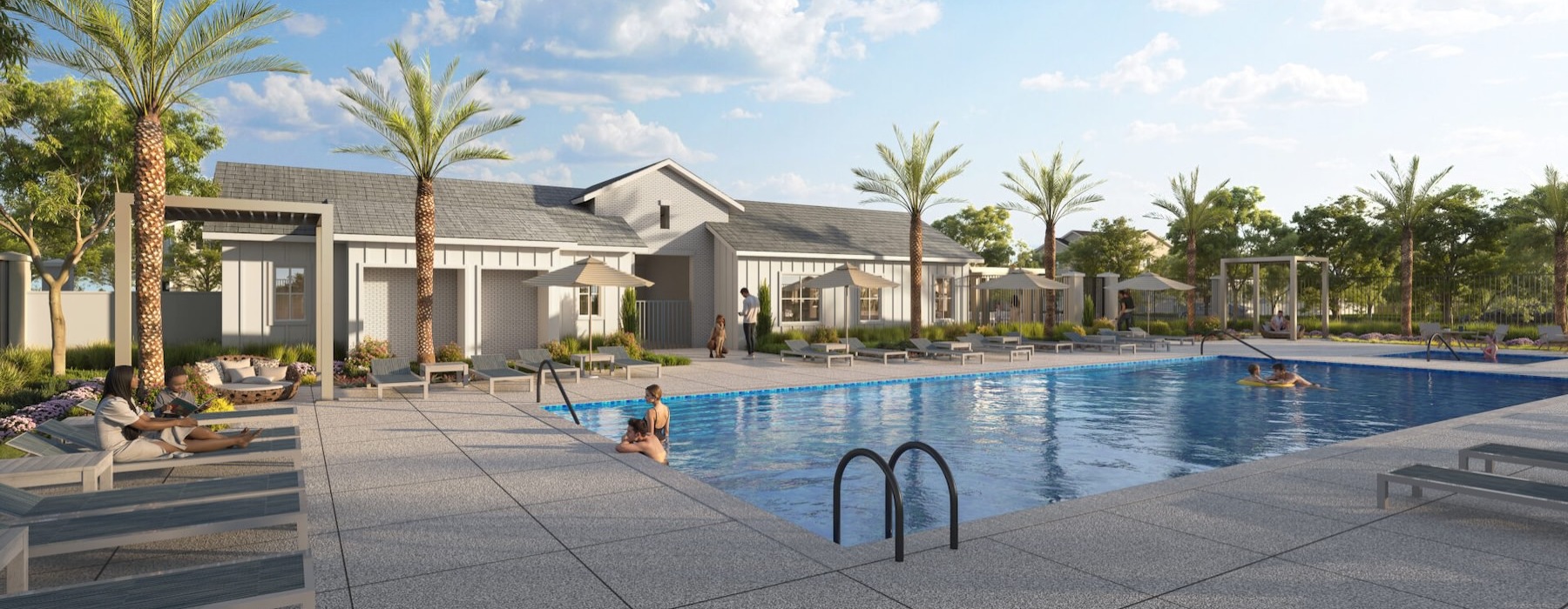 a courtyard with people in a pool