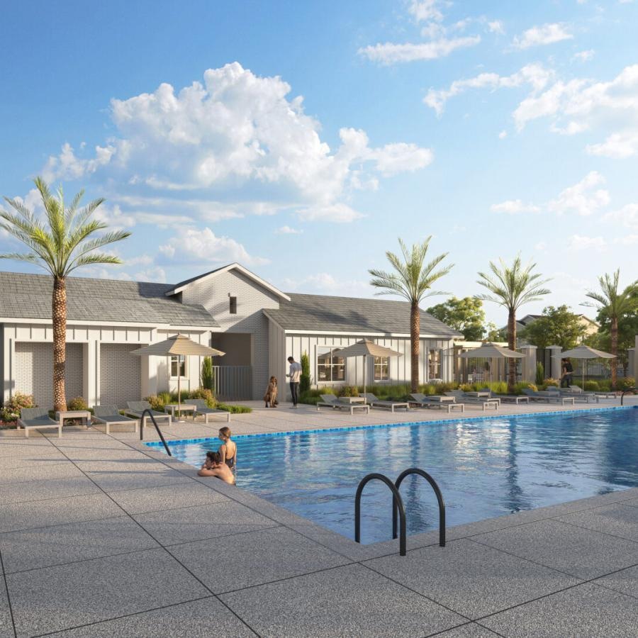 a swimming pool with a building in the background