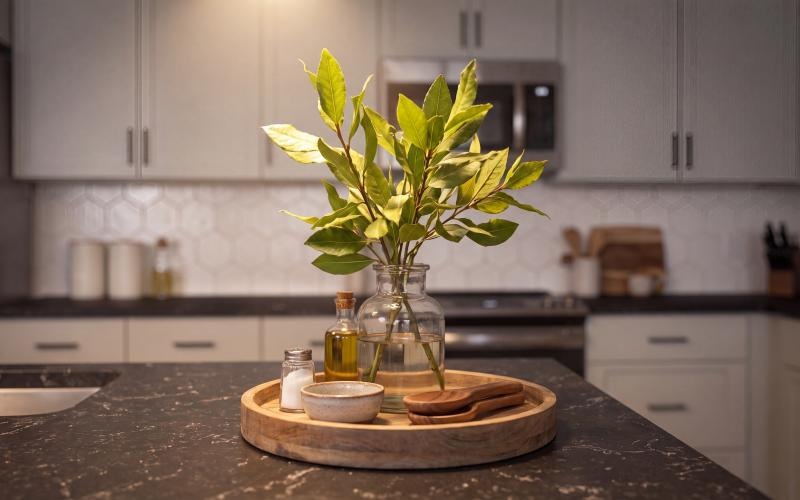 a vase with flowers on a kitchen counter